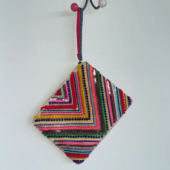 NWOT America & Beyond Hand Embellished Wristlet Bag Wallet Pouch 10x8" Boho Chic - Picture 6 of 6